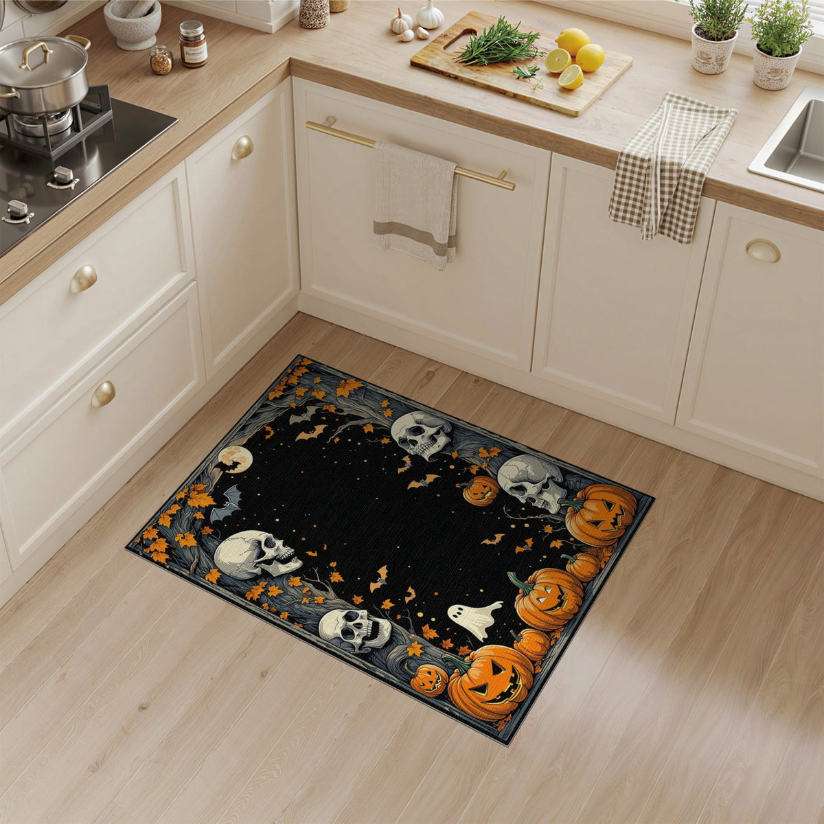 ODIKA Halloween Ghost Pumpkin Bat Skull Welcome Doormat Fiber Door for Dorm Room, Small Living Apartment, Stain Resistant Low Profile