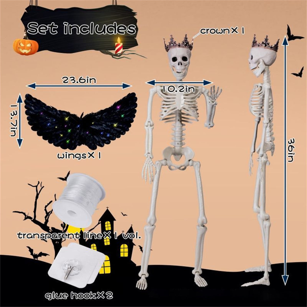 Yujia Halloween 36" Hanging Posable Human Skeleton with LED Wings and Crown, Articulated Full Body Prop for Haunted House, Party, Yard, Home Interior Display
