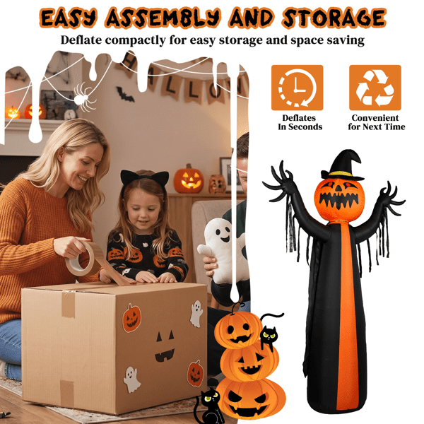 Alvantor 9.8 ft Pumpkin Ghost Halloween Inflatable with Rotatable Head, 6 LED Lights and Built-in Blower, Black and Orange