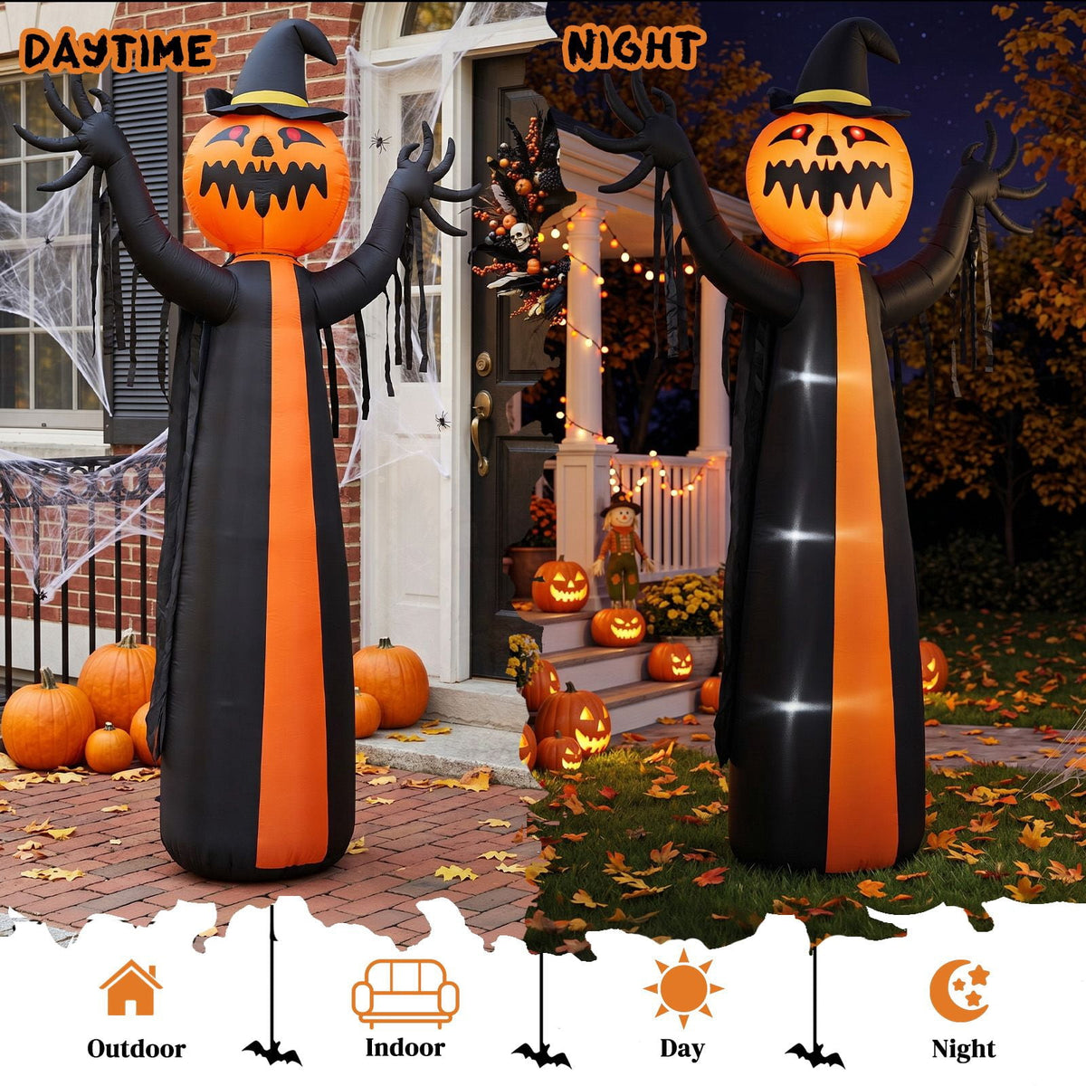 10FT Inflatable Pumpkin Ghost with Rotatable Head 6 LED Lights Black Orange Halloween Yard Decor