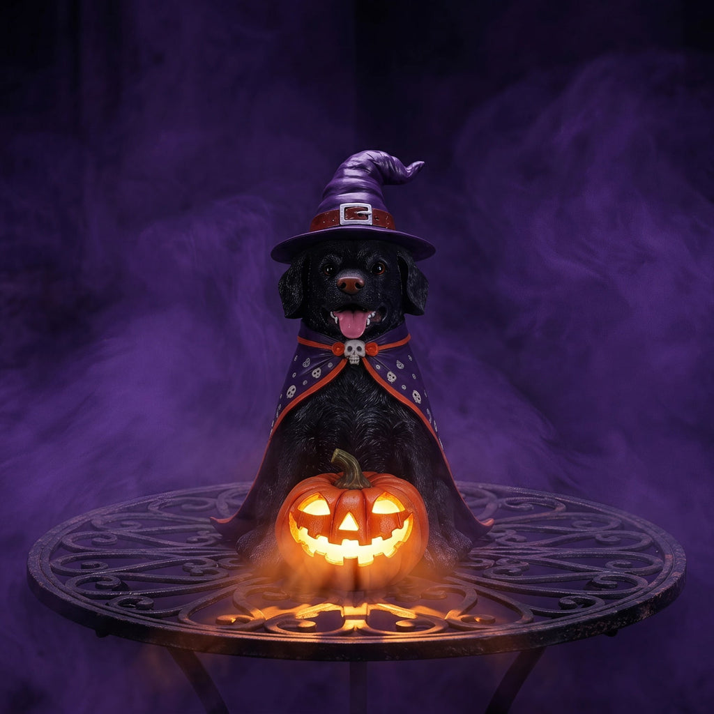 SpookHaven Halloween Jack‑O‑Lantern Pumpkin Mist Sprayer Figurine, LED Light‑Up Fogger with Witch Hat & Skull Decoration, Spooky Ornament for Tabletop Entryway Halloween Party Home Decor