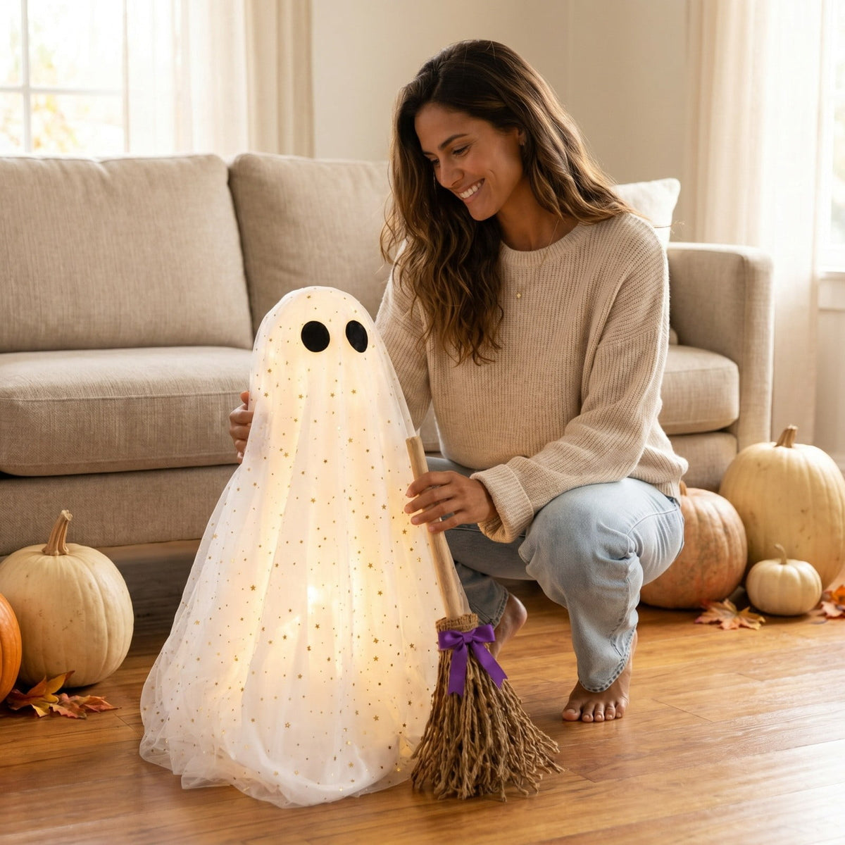2 Pack Light Up Standing Tulle Ghost Halloween Decorations with Witch Hat, Warm LED Fairy Light Ghost Yard Stakes, Spooky Cute Ghost Outdoor Lawn Porch Mantel Home Halloween Party Decor