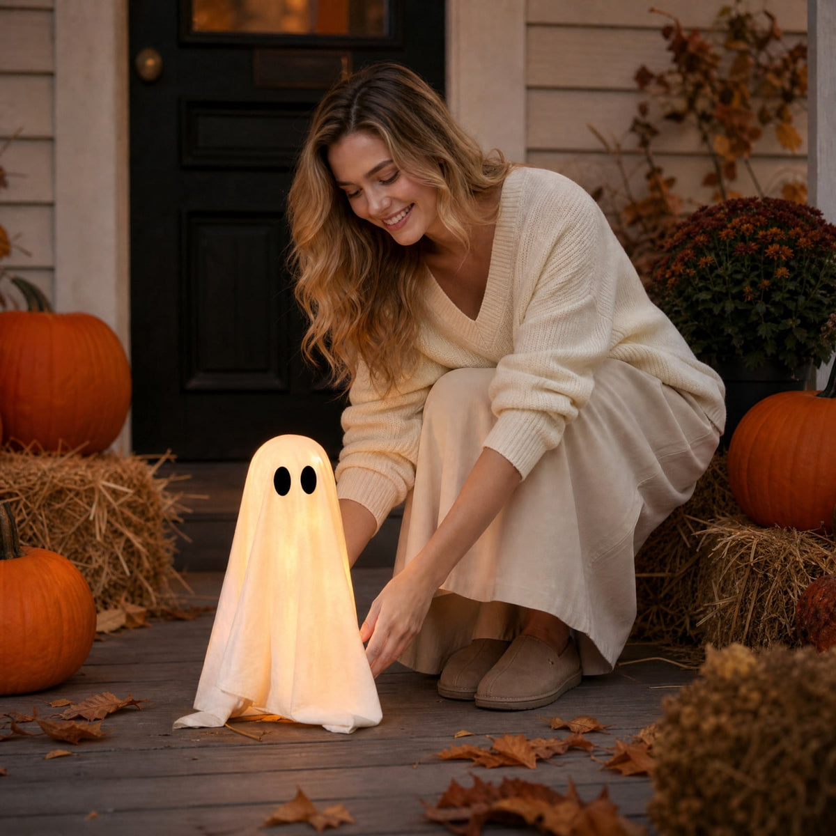 Halloween Decorations Outdoor, Lighted Hanging Ghost Decor with Witch Hat & Broom, LED Flying Ghost Decoration for Porch, Yard, Tree, Patio, Haunted House & Indoor Party 43.3in