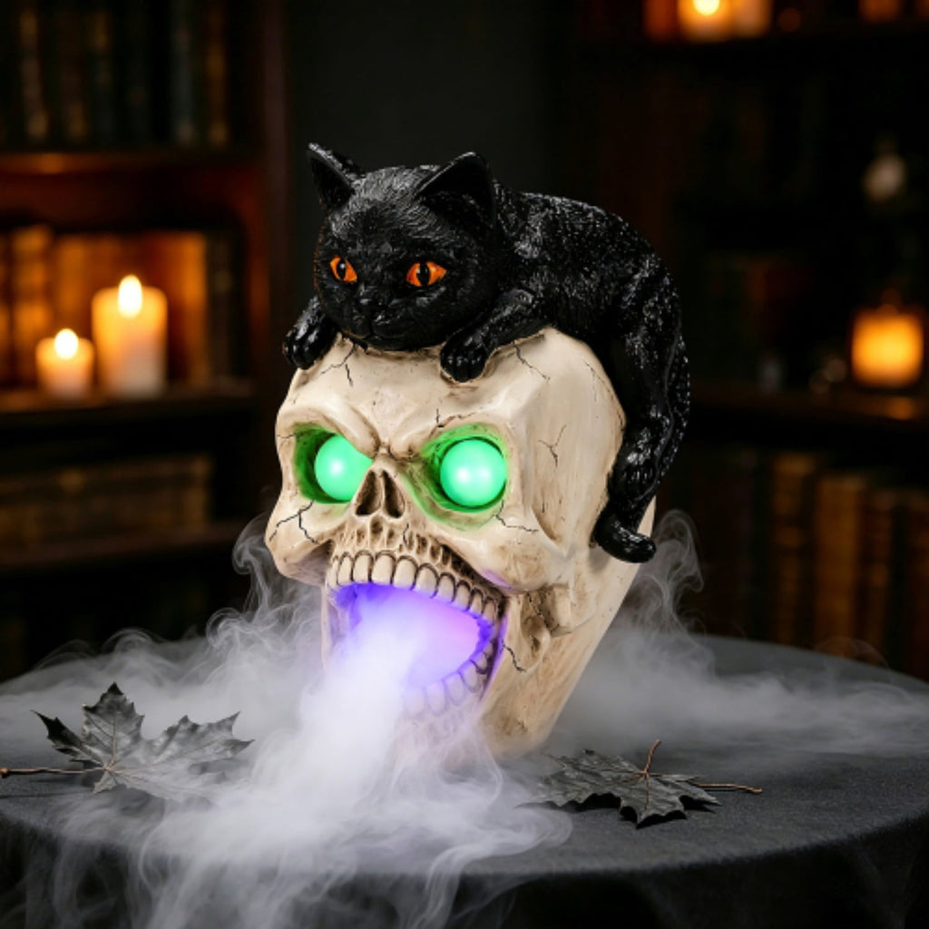 SpookHaven Halloween Jack‑O‑Lantern Pumpkin Mist Sprayer Figurine, LED Light‑Up Fogger with Witch Hat & Skull Decoration, Spooky Ornament for Tabletop Entryway Halloween Party Home Decor
