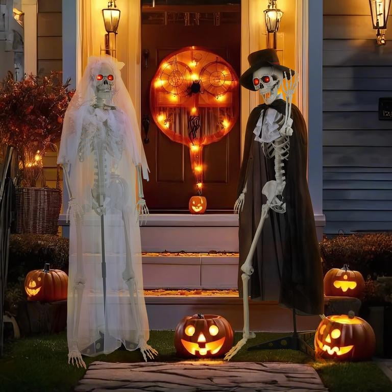 Floseru Halloween Skeleton Couple Life Size, Bride & Groom with Sound and Glowing Eyes, Poseable Joints, for Graveyard Scene Decoration