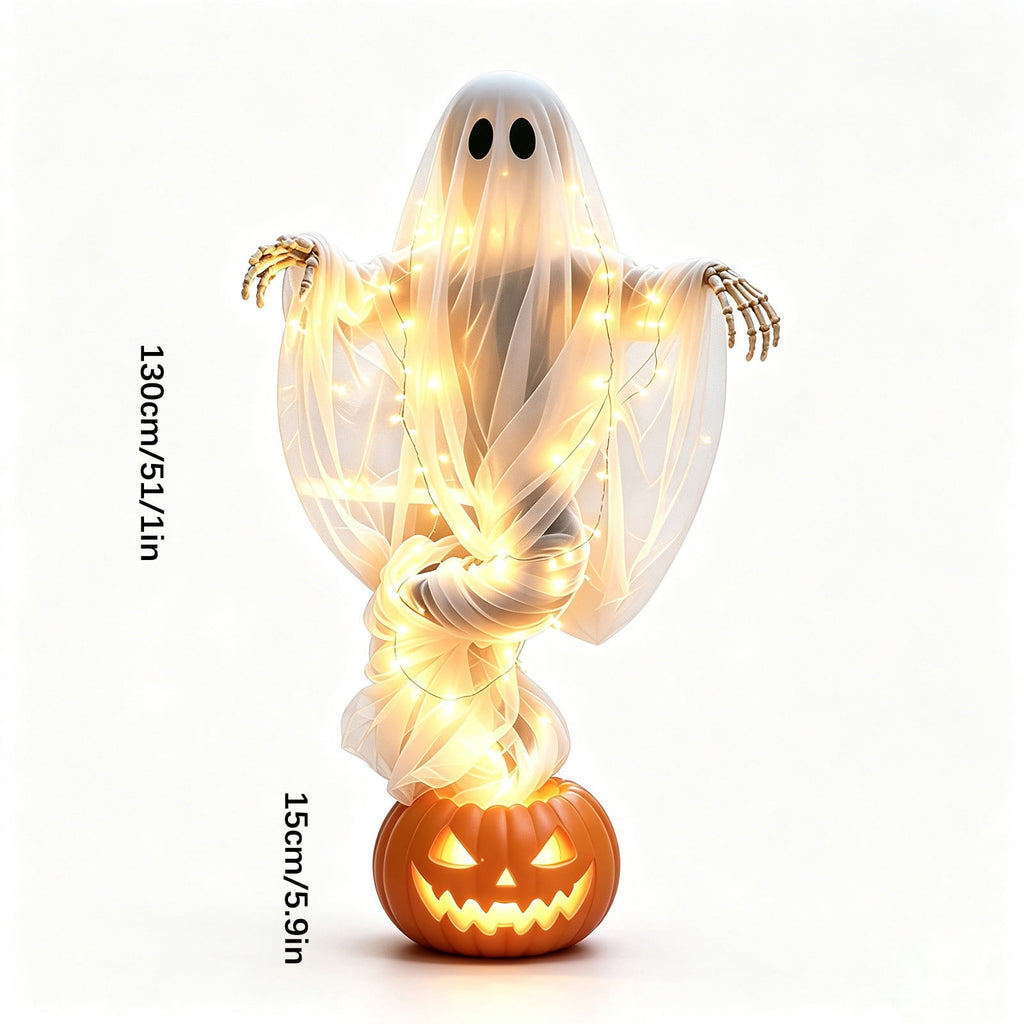 syligr Halloween Decorations Outdoor for Yard Porch, 51 Inch Light Up Floating Ghost Pumpkin with Skeleton Hands, Glowing Gauzy Ghost Decor for Garden Entryway Party, Battery Operated