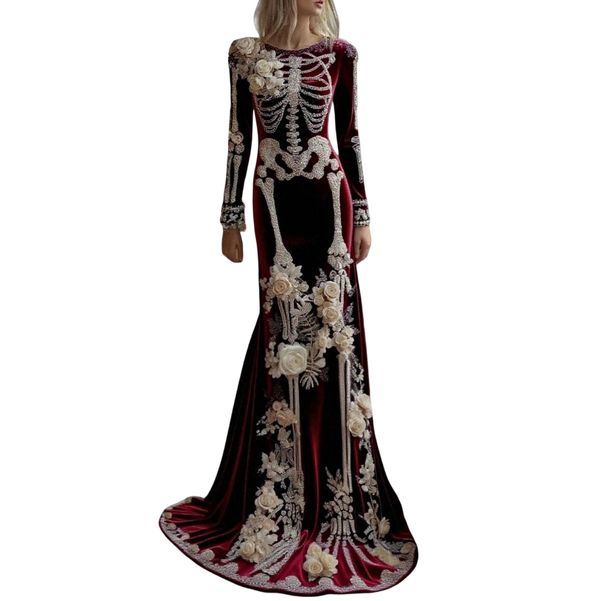 Women Halloween Skeleton Mermaid Dress, Velvet Long Sleeve Bodycon Gown with 3D Floral Appliques, Floor‑Trailing Gothic Costume for Party Cosplay L