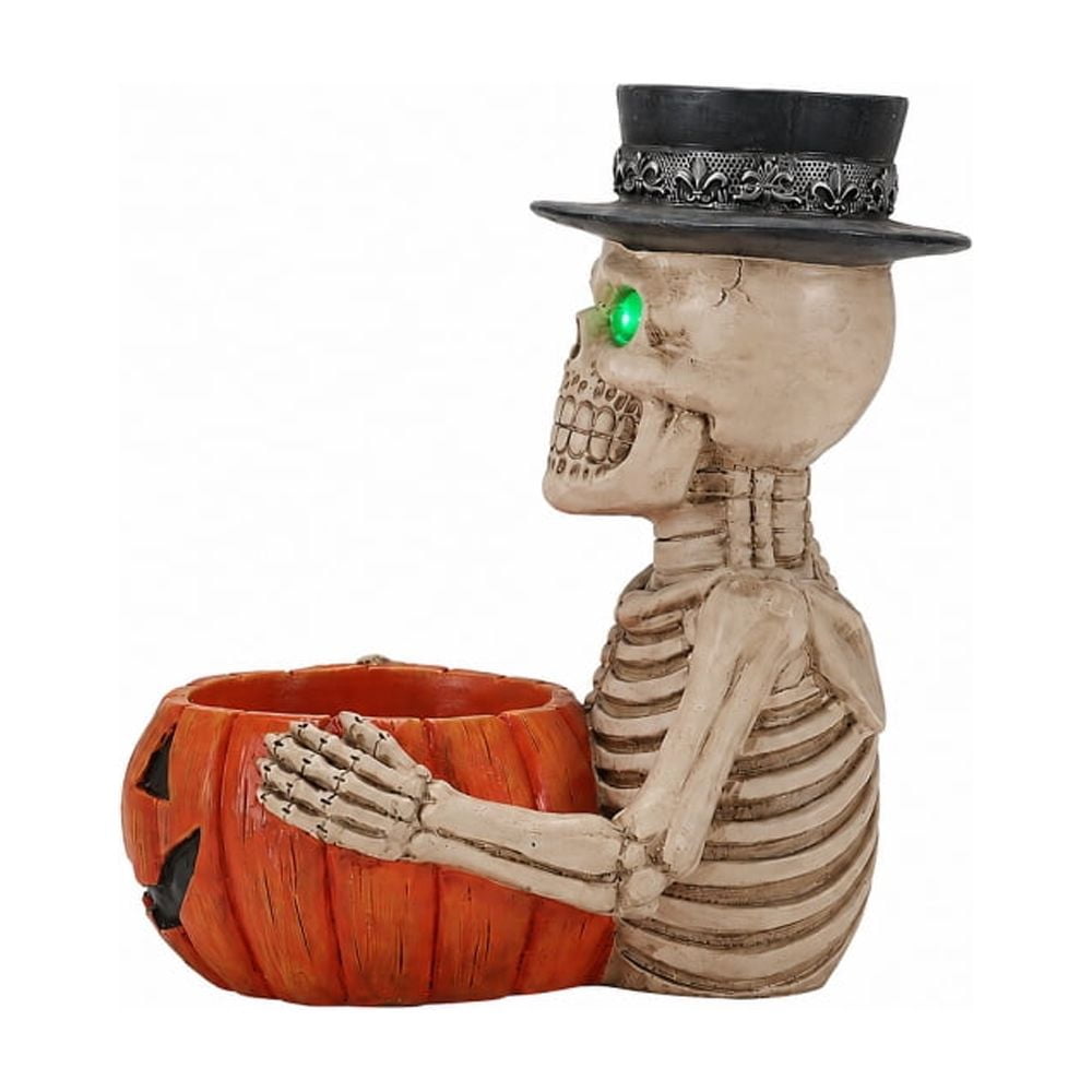Halloween Skeleton Butler Floor Statue with Serving Tray & Black Cat, Resin Gothic Home Decor for Entryway Porch Living Room