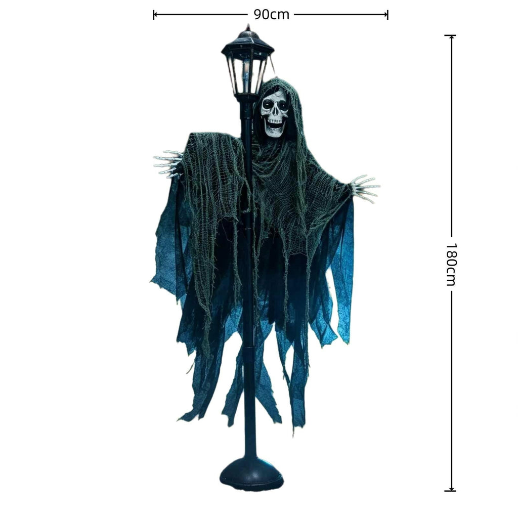 QuanTara Halloween Ghost Street Lamp Decor, Light Up Blue Eyes Skeleton Grim Standing Prop with Tattered Robe for Porch Front Door Outdoor Yard Decoration, 1 Pack