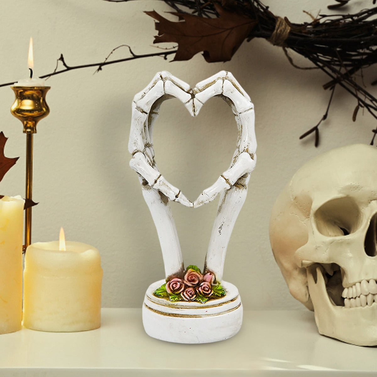 3Pcs Halloween Skeleton Heart Hands Sculpture, Resin Abstract Bone Finger Gesture Statue with Floral Ornament Base, Gothic Home Desktop Decor for Shelf, Mantel, Dressing Table and Party Display