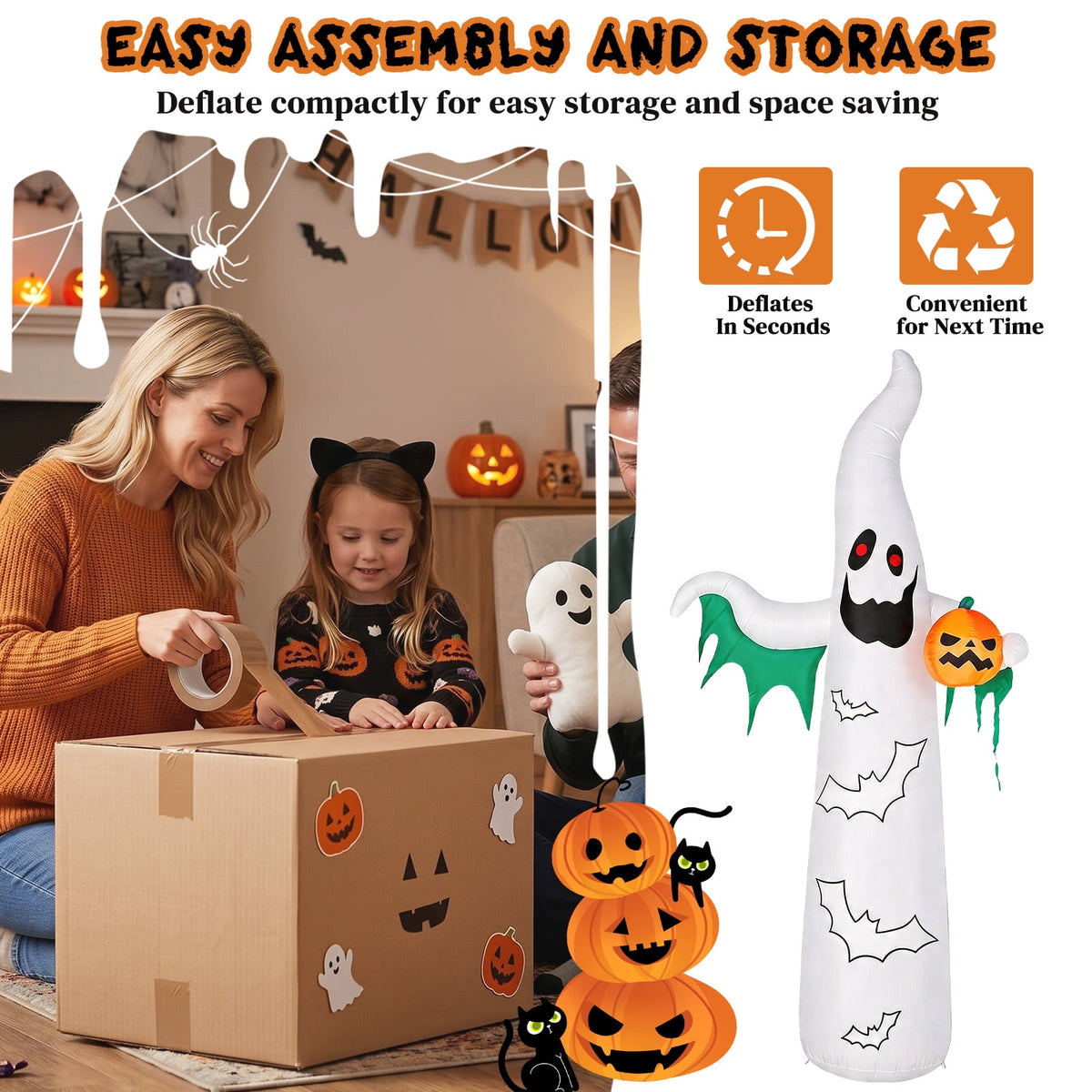 12ft Halloween Inflatable Ghost Bat Ornament with 4 LED Lights 82 String Lights