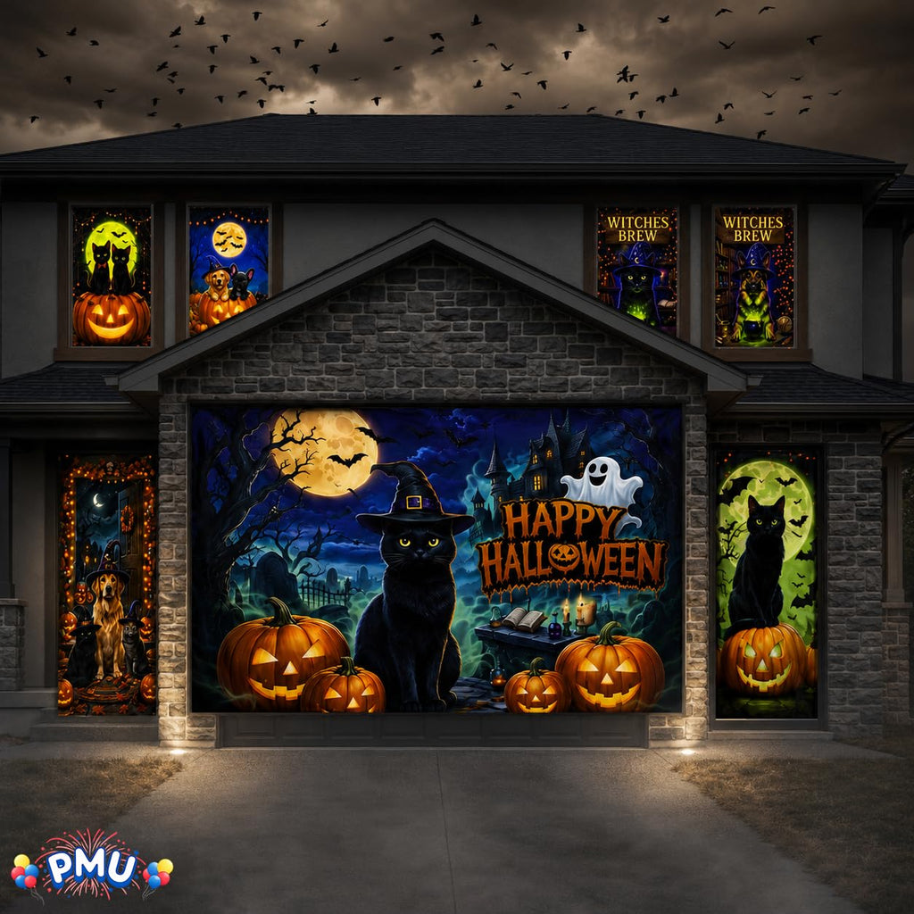 PMU 7-Piece Halloween Garage Door Cover Set, 16 x 7 ft, Skeleton Window & Door Decorations
