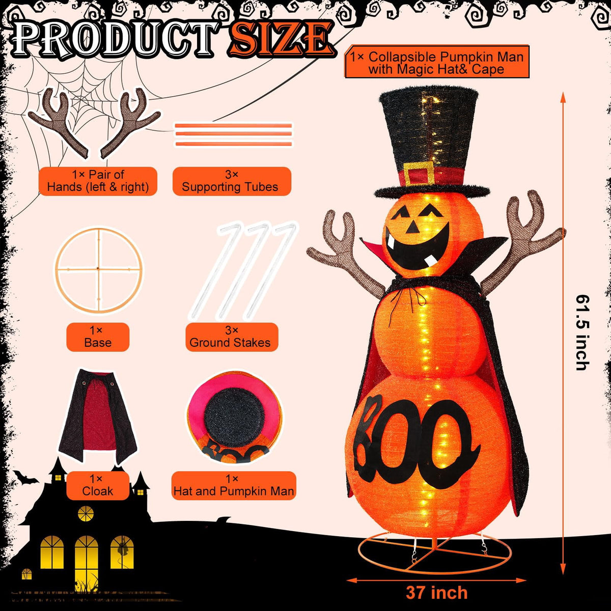 MARACOL 5FT Halloween Pumpkin Decorations Outdoor, 90 LED Pre-Lit Pop-Up Halloween Pumpkin Giant Collapsible Jack-o'-lantern Cute Pumpkin Decor with Cloak & Magic Hat for Outdoor, Yard, Porch