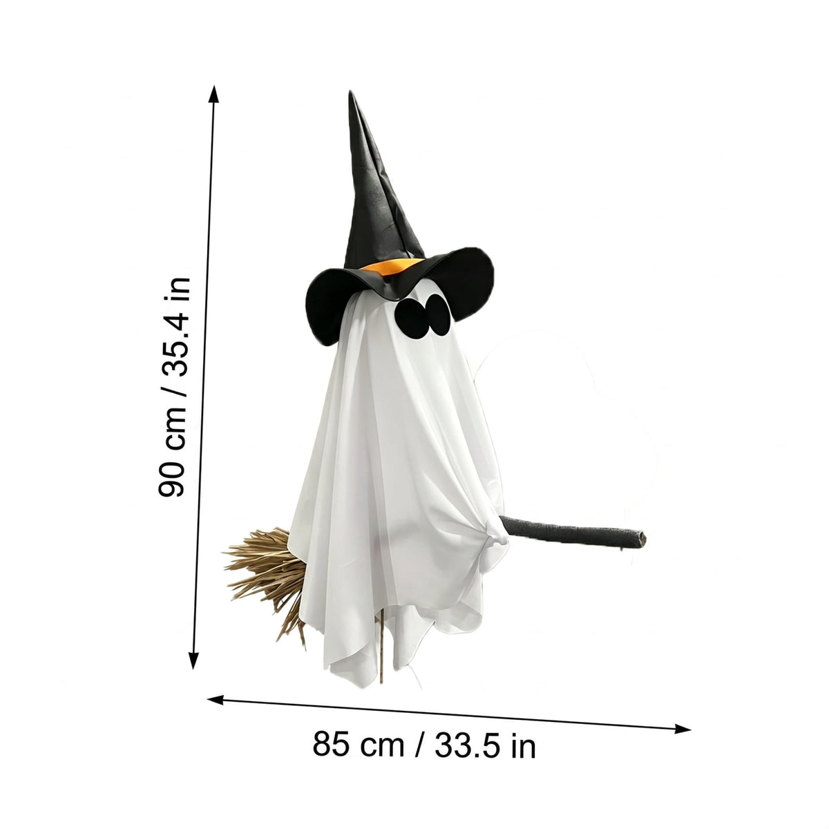 DIY Hanging Swing Ghost Halloween Decor, Flying Ghost on Broomstick with Witch Hat, Spooky Cute Outdoor Halloween Decorations for Front Porch Yard Tree, 3.61x4.33FT