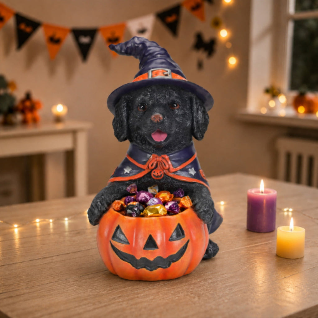 SpookHaven Halloween Jack‑O‑Lantern Pumpkin Mist Sprayer Figurine, LED Light‑Up Fogger with Witch Hat & Skull Decoration, Spooky Ornament for Tabletop Entryway Halloween Party Home Decor