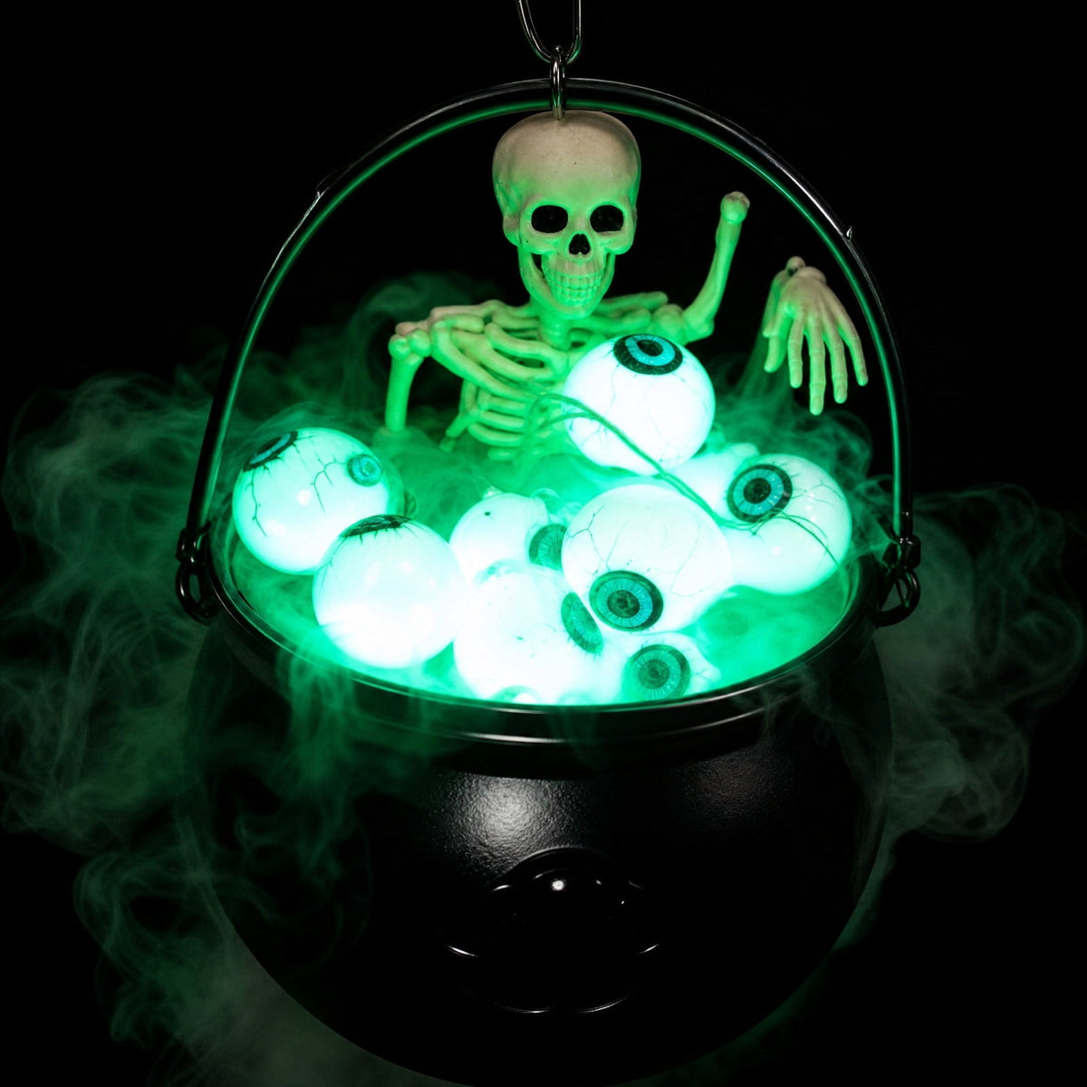 Halloween Cauldron Tripod with Green LED Light, Skeleton Eyeball Witch Pot Decor for Yard Outdoor Party Haunted House Decoration