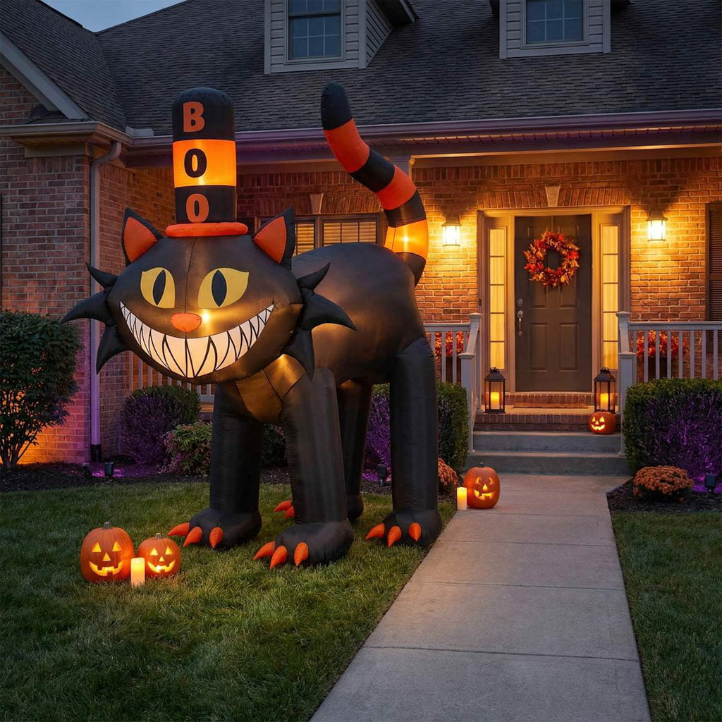 12ft Giant Black Cat With 'Boo' Tophat Halloween Inflatable