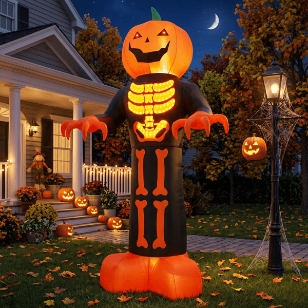 Alvantor 12 ft Pumpkin Head Skeleton Halloween Inflatable with LED and String Lights, Black and Orange