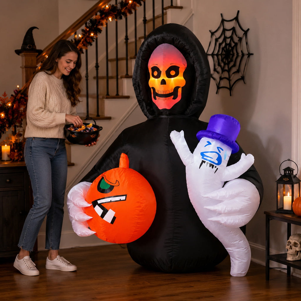 MInHoues 6 ft Halloween Inflatable Mold Ornament, Ghost Face Man Holding Pumpkin Decorative Molds, Polyester Spooky Yard Prop for Indoor Outdoor Holiday Party Home Decor