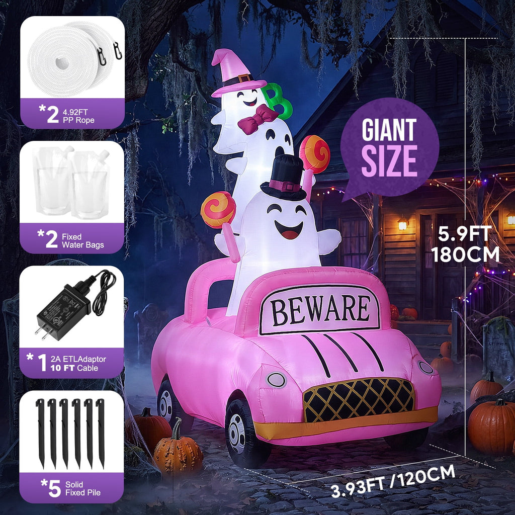 Ayieyill Halloween Inflatables, 8FT Ghost Driving Pink Car Halloween Decor Outdoor, Monster Truck Blow Up Yard Decorations