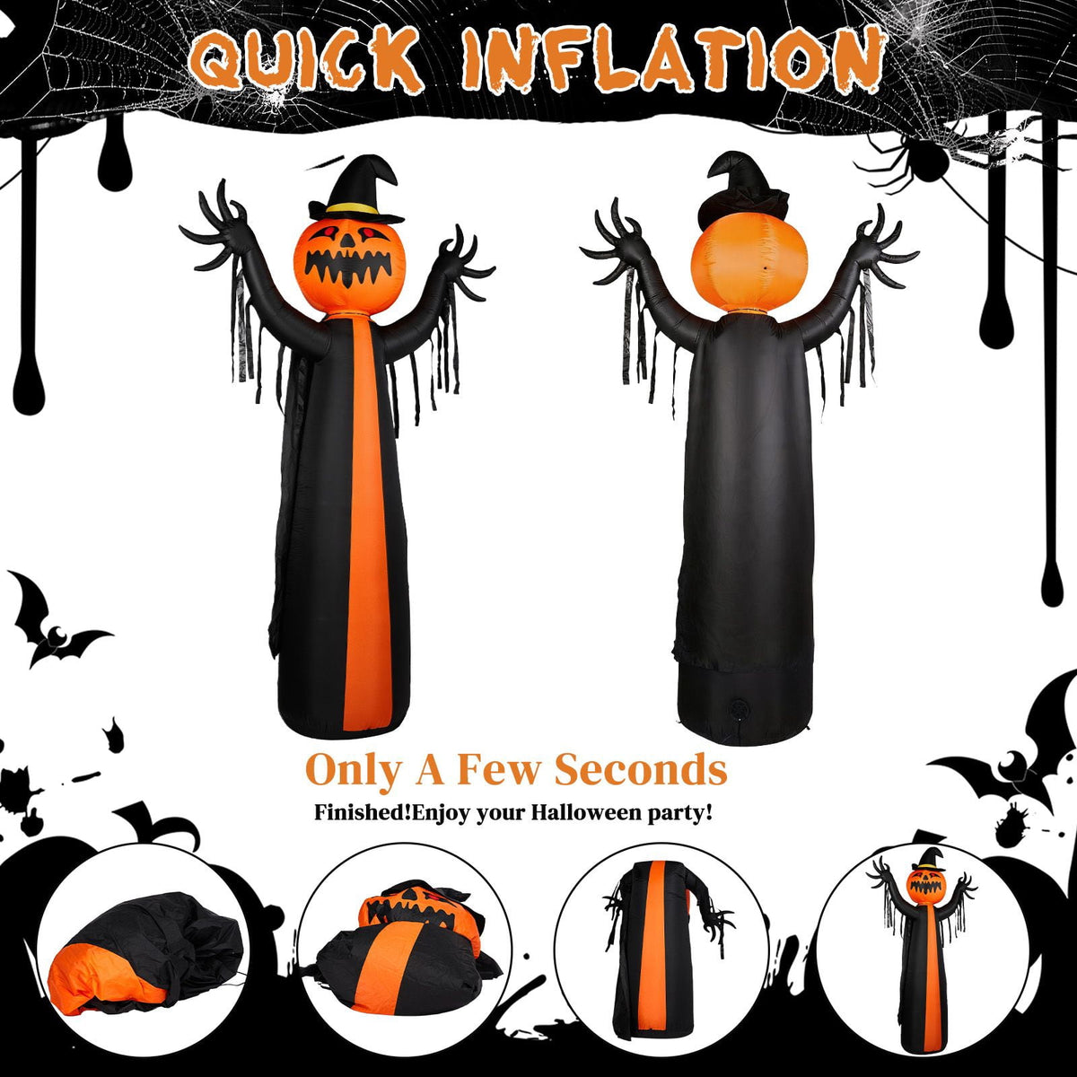 10FT Inflatable Pumpkin Ghost with Rotatable Head 6 LED Lights Black Orange Halloween Yard Decor