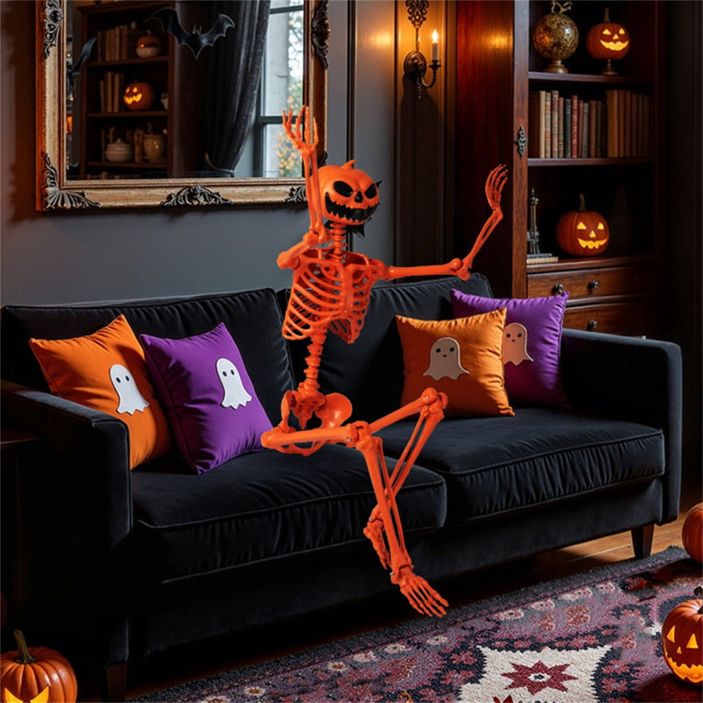 ECOBUY 5.5ft Life-Size Poseable Halloween Skeleton with Pumpkin Head, Orange Full-Body Realistic Decor, Movable Joints for Indoor & Outdoor Scary Display