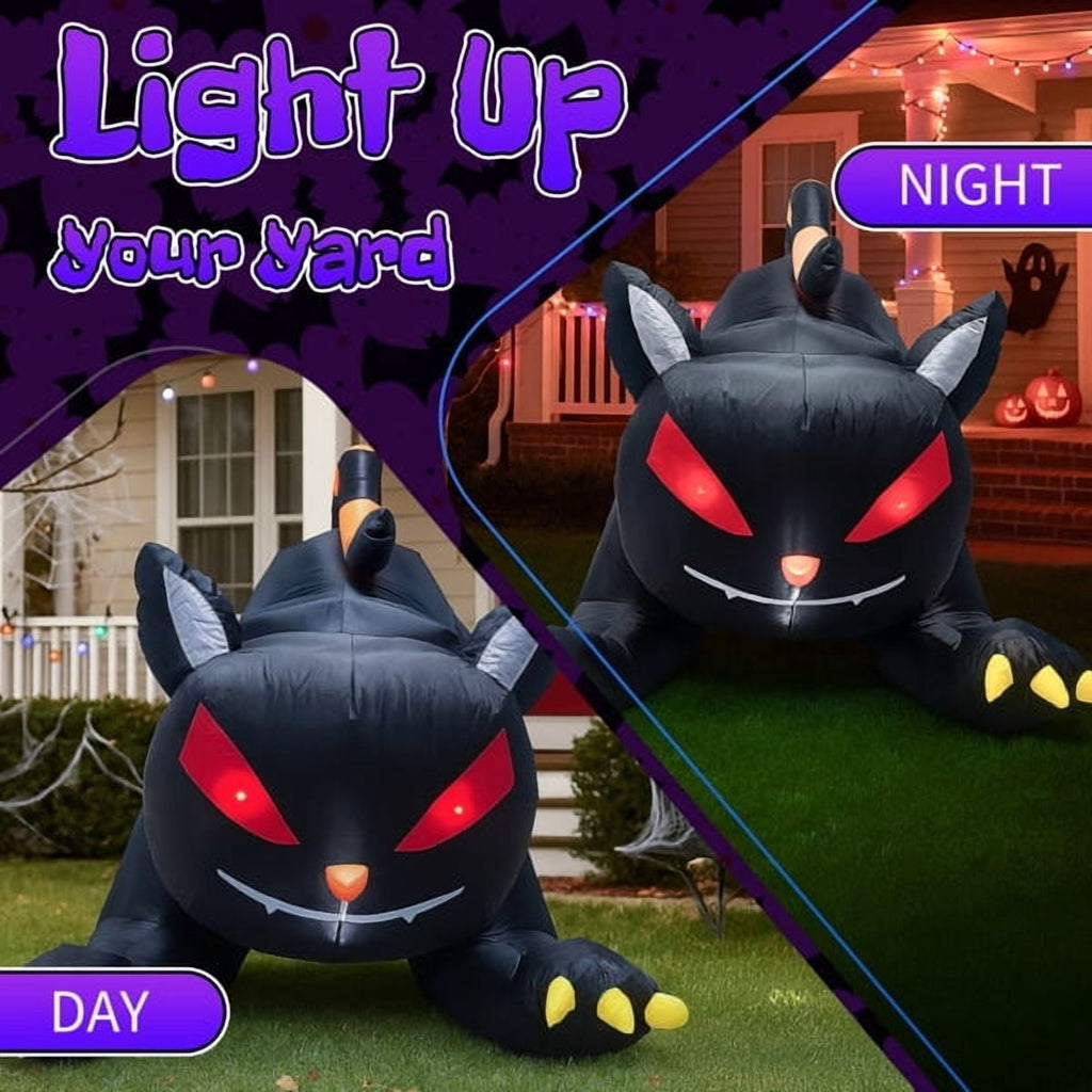 6.5FT Halloween Inflatable Animated Black Cat, Weather-Resistant Polyester, Quick Inflation with Stakes/Ropes for Yard/Patio