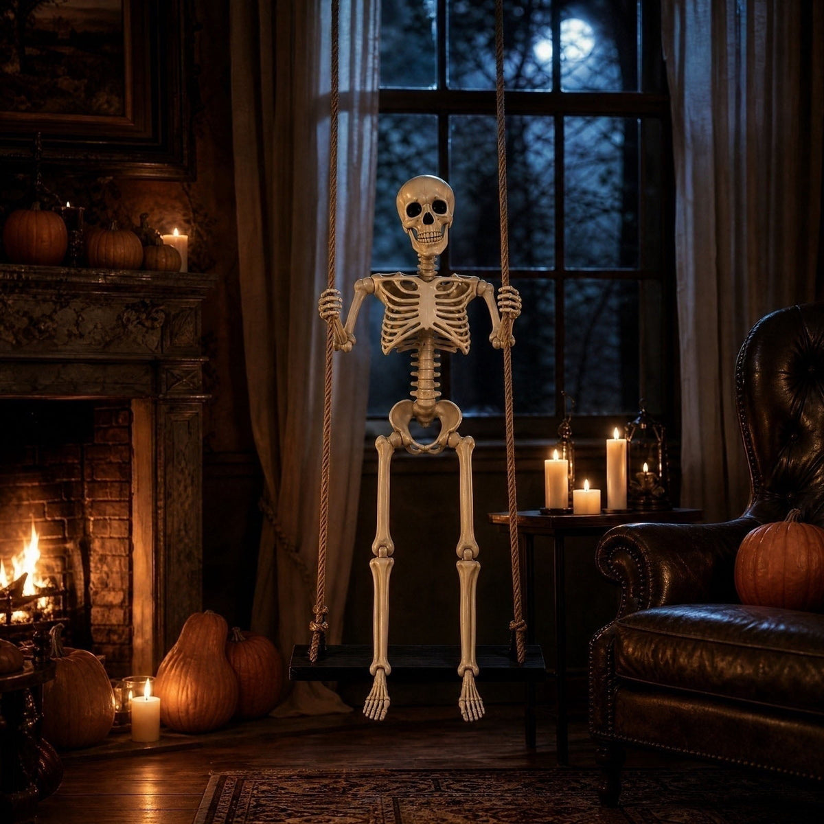 XHKUYI Halloween Swinging Skeleton Decoration 35.4 inch, Hanging Skeleton with Black Wood Base, Spooky Halloween Skeleton Decorations for Yard, Porch, Tree, Party