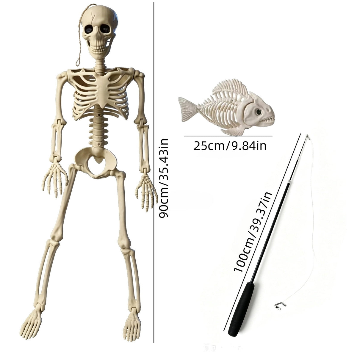 Fishing Skeleton Statue, 35'' Skeleton with 10'' Fish Skeleton, Resin Skull Fisher Sculpture for Aquarium and Garden Pond Edge Ornament Fish Tank Halloween Decorations