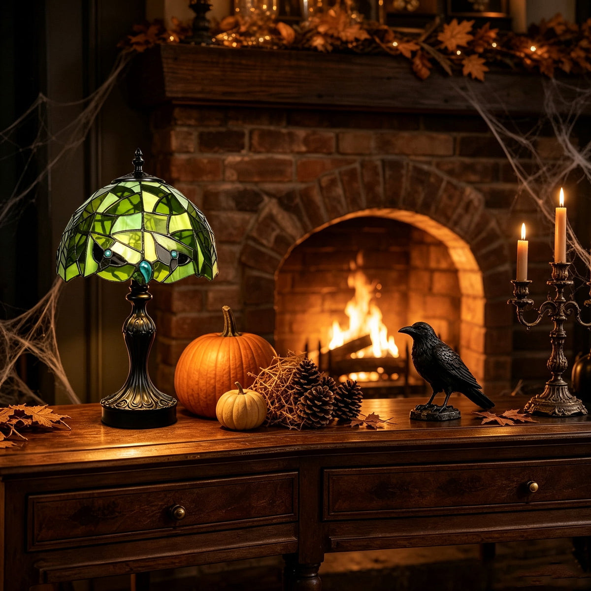 Vintage Style Glass Spiderweb Halloween Lamp, 8" Handmade Spiderweb Pattern Gothic Resin Desk Light, Halloween Decorations Indoor for Bedroom, Living Room, Office (Green)