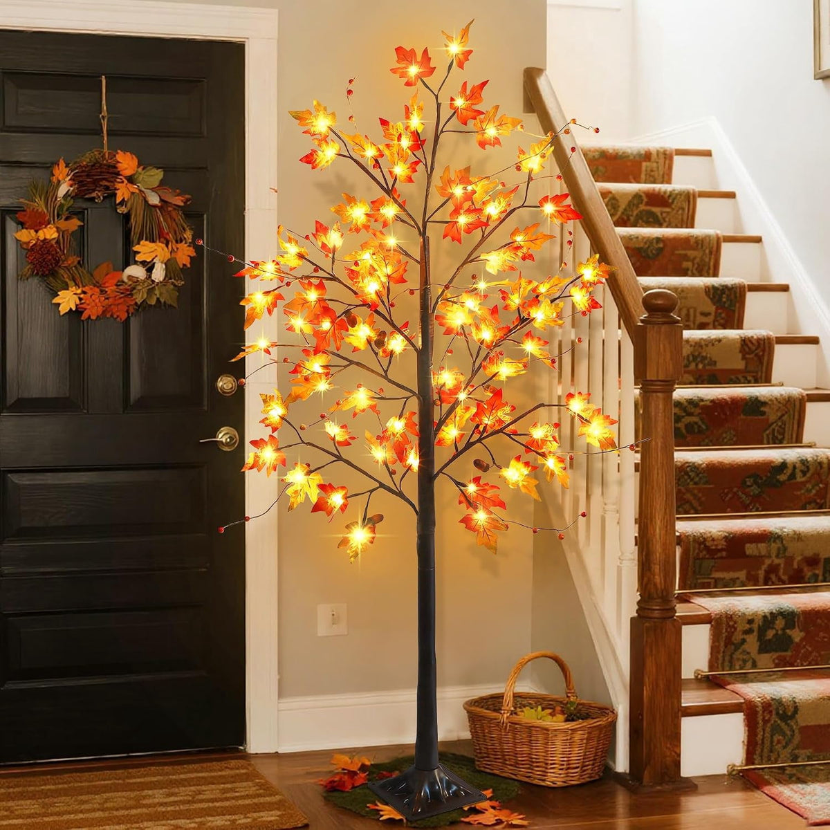 2 Pack LED Lighted Maple Tree, 5 FT Lighted Artificial Tree for Thanksgiving Harvest Fall Festival Halloween Home Party Decoration