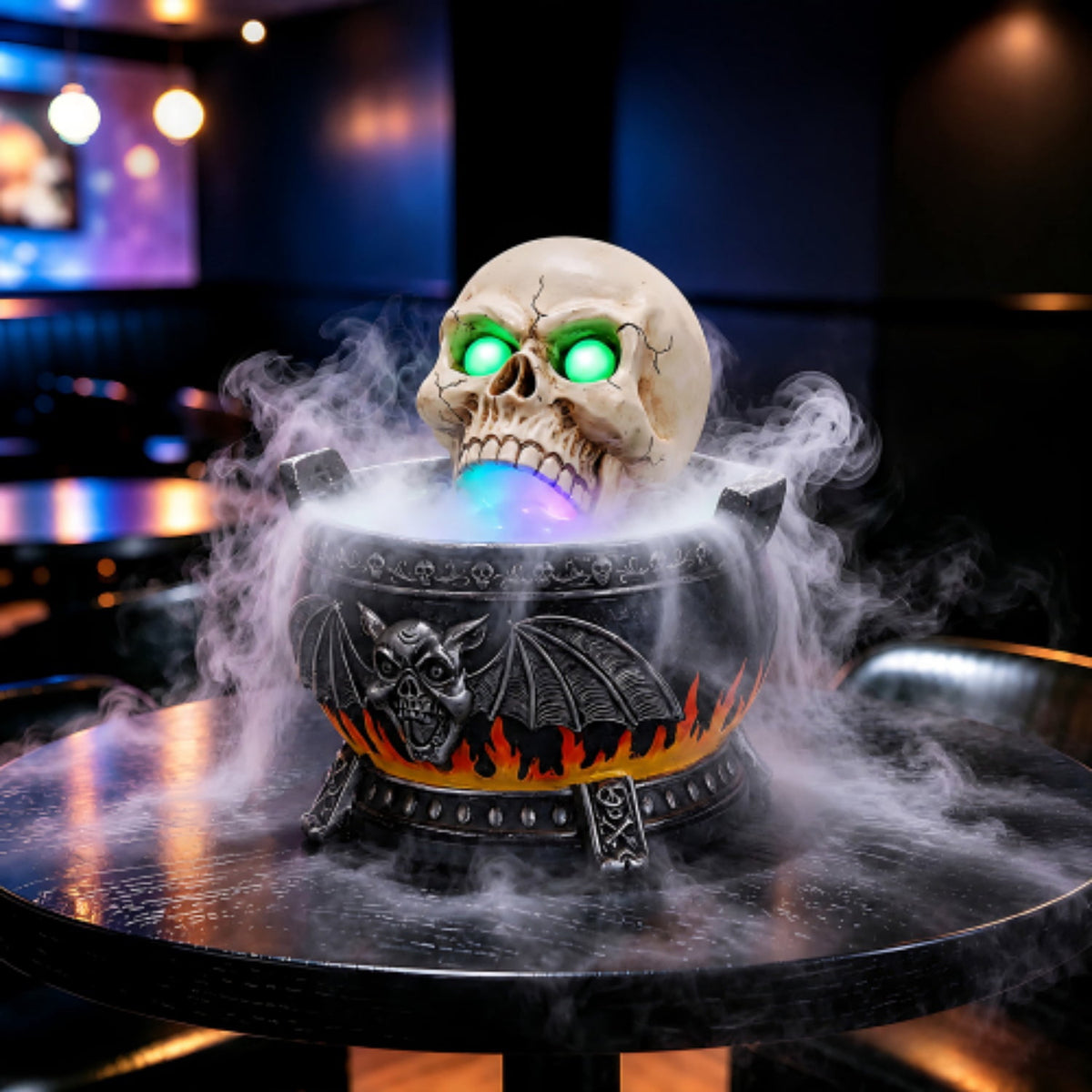 SpookHaven Halloween Jack‑O‑Lantern Pumpkin Mist Sprayer Figurine, LED Light‑Up Fogger with Witch Hat & Skull Decoration, Spooky Ornament for Tabletop Entryway Halloween Party Home Decor