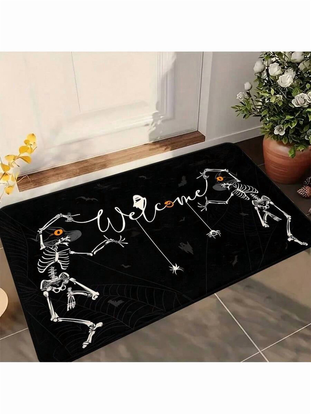 Halloween Skeleton Welcome Floor Mat Set - 2 Piece Black Polyester Non-Slip Kitchen & Entryway Mats (40x60+45x120cm)