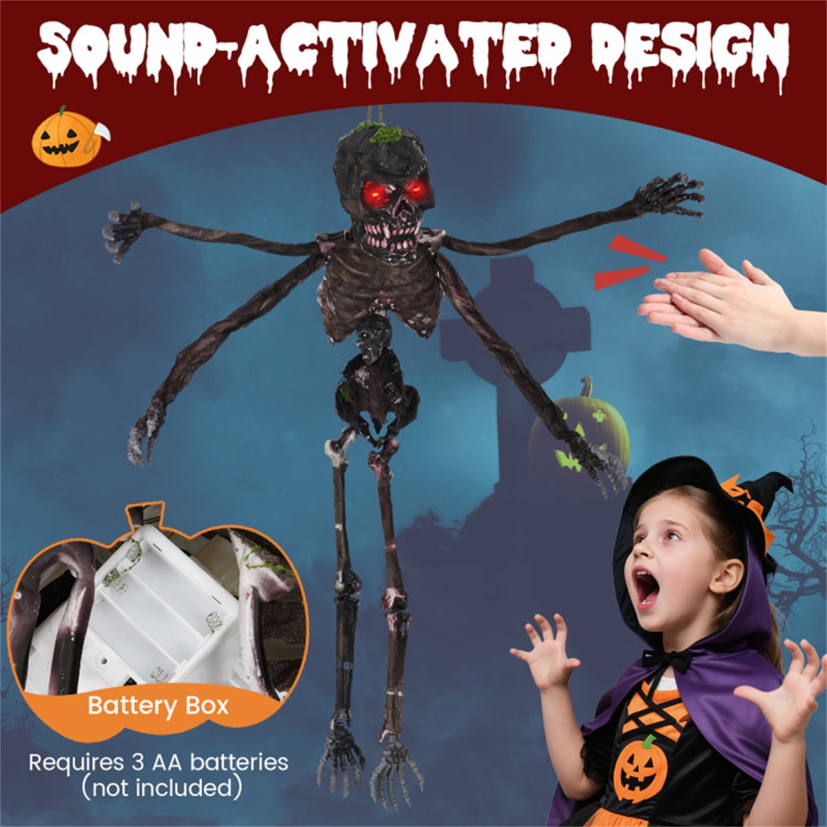 Animated 6ft Halloween Skeleton with Spooky Sounds and Red Eyes Hanging Prop for Yard Decor