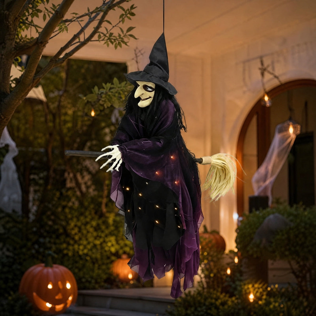 WWG Halloween Flying Witch Decoration, Spooky LED Light Up Witch Hanging Decor, Purple Glowing Witch Pendant with Skeleton Hands, Indoor Outdoor Halloween Party Decor, Includes 1 Witch Pendant