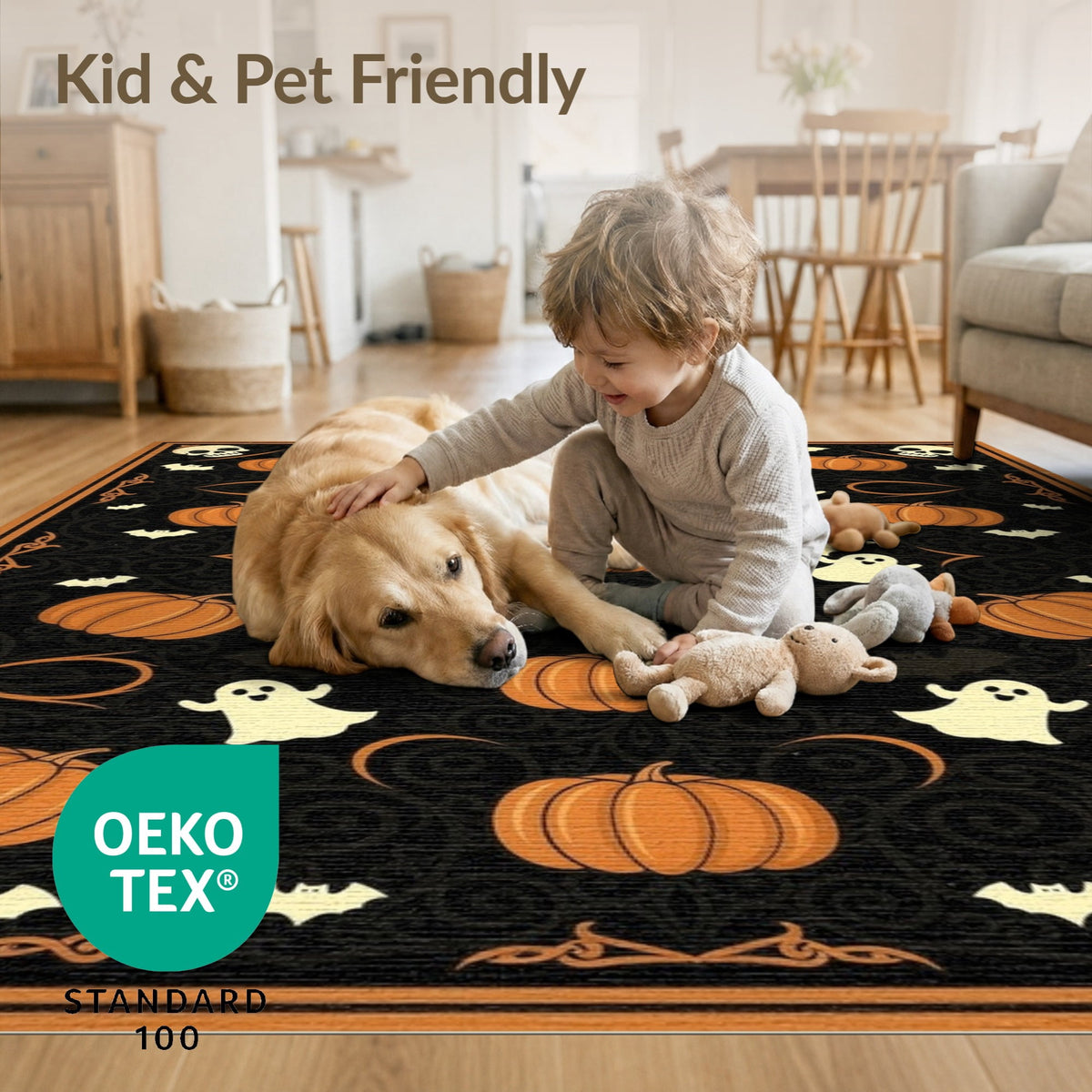 ODIKA Retro Halloween Welcome Featuring Ghosts Pumpkins Bats Skulls Non-Slip Flatwoven for Living Room, Under Sectional, Family