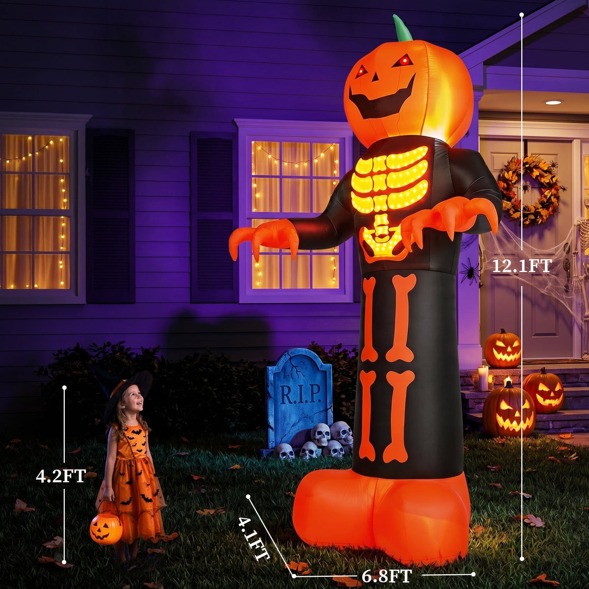 Ktaxon 12' Halloween Inflatables Pumpkin Skeleton Man Outdoor Halloween Decoration,Built-In LED