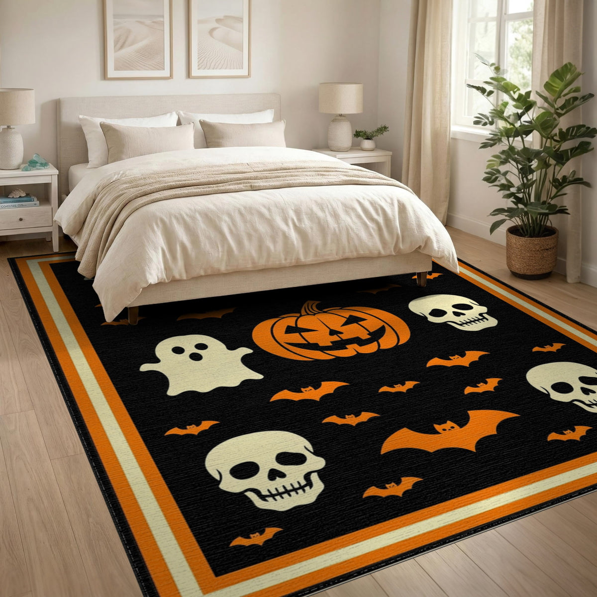 ODIKA Retro Halloween Welcome Featuring Ghosts Pumpkins Bats Skulls Non-Slip Flatwoven for Living Room, Under Sectional, Family