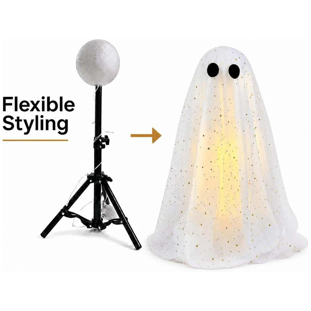 2 Pack Light Up Standing Tulle Ghost Halloween Decorations with Witch Hat, Warm LED Fairy Light Ghost Yard Stakes, Spooky Cute Ghost Outdoor Lawn Porch Mantel Home Halloween Party Decor