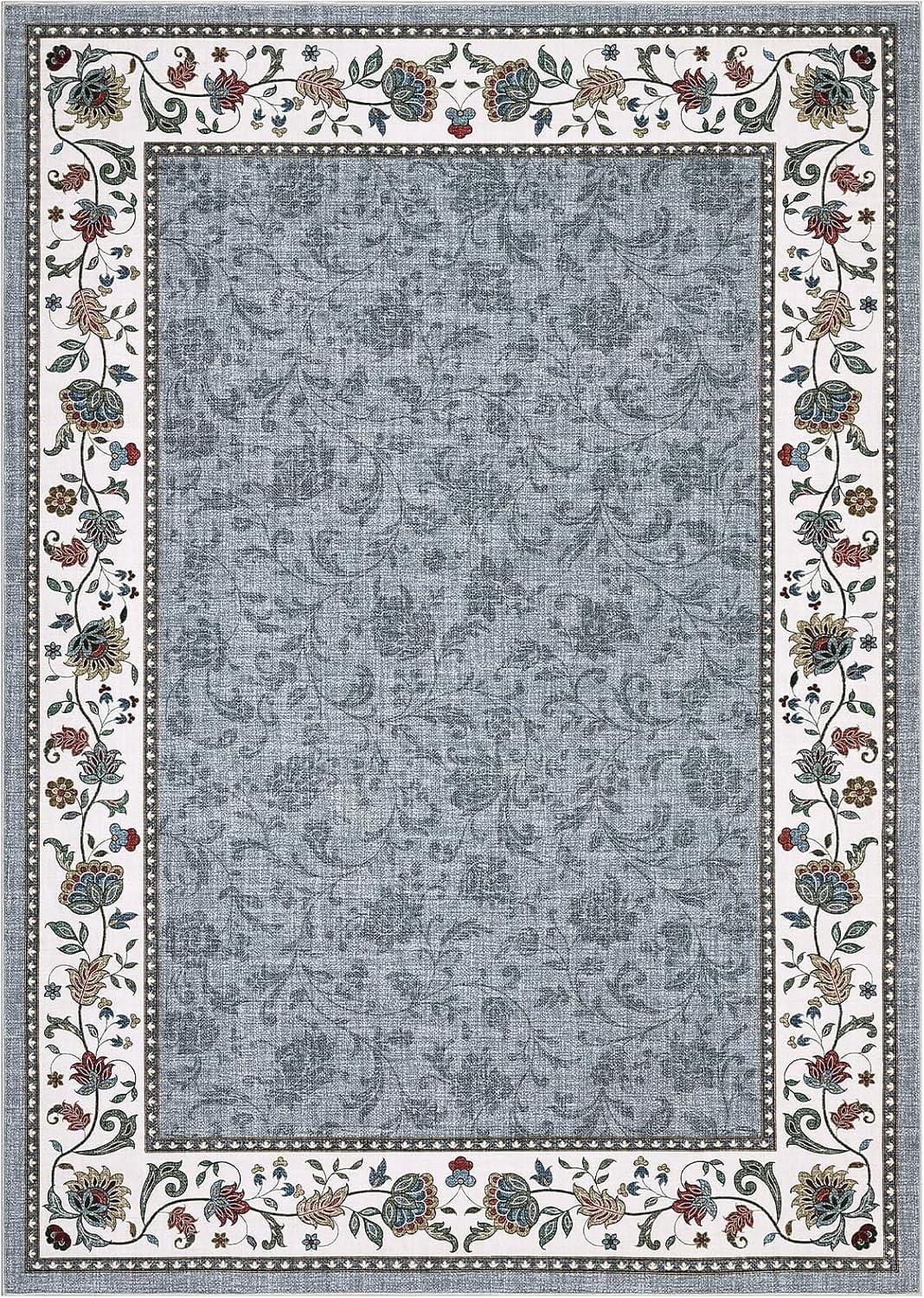 Large Living Room Rug 10x13 Non-Slip Floral Indoor Carpet Washable Floral Bordered Floor Mat Low Pile Non-Shedding Foldable Neutral Bedroom Rugs for Dining Room Nursery Home Office Red