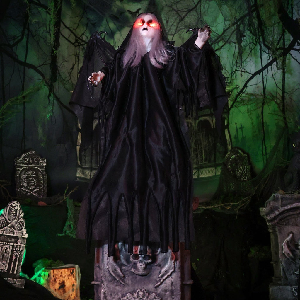 Haunted Hill Farm Red LED Battery Creepy Girl Tombstone with Wings Halloween Animatronic 3.1-Ft.