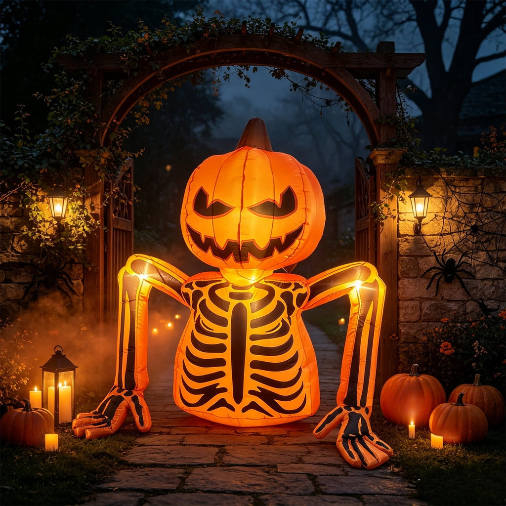 Diceymbol 6 Ft Lighted Halloween Inflatable Pumpkin Skeleton Decoration, Orange Jack O Lantern Skull Outdoor Yard Lawn Porch Halloween Decor