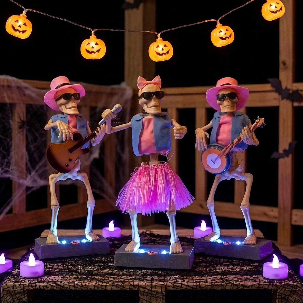 Halloween 3-Pack Rock Band Skeleton Figurine Set with LED Lit Base, 14.6" Pink Hawaiian Outfit Musician Skeleton Statues, Bar Counter Halloween Party Tabletop Decor