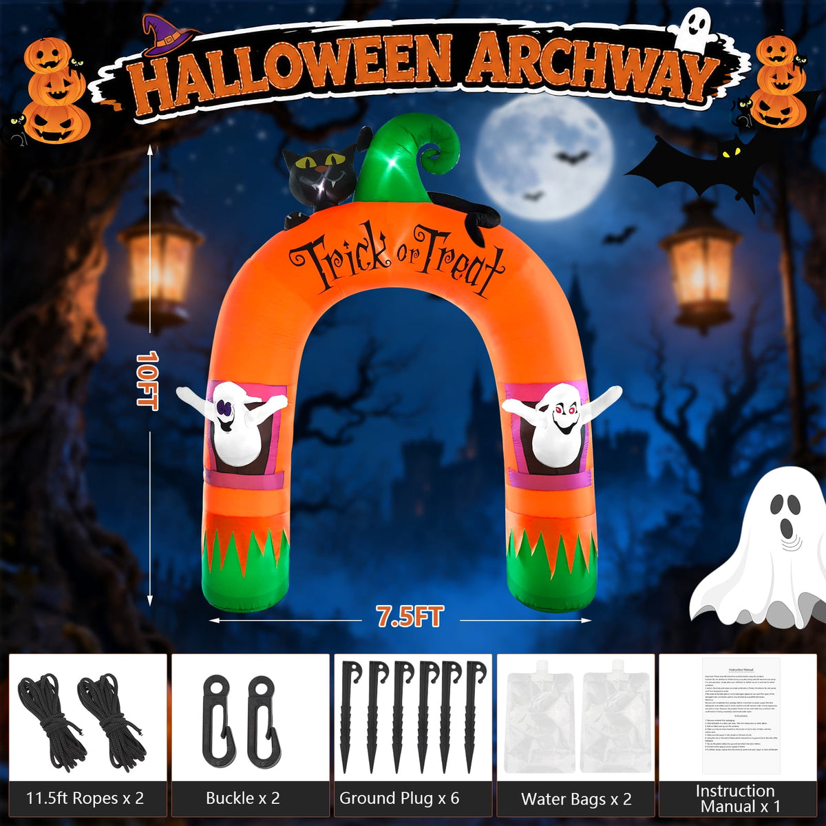 VETPW 10FT Large Halloween Inflatable Archway Decoration, Halloween Blow Up Lighted Archway with Ghost & Black Cat & Cornucopia, Trick & Treat Yard Garden Patio Lawn Outside Decor