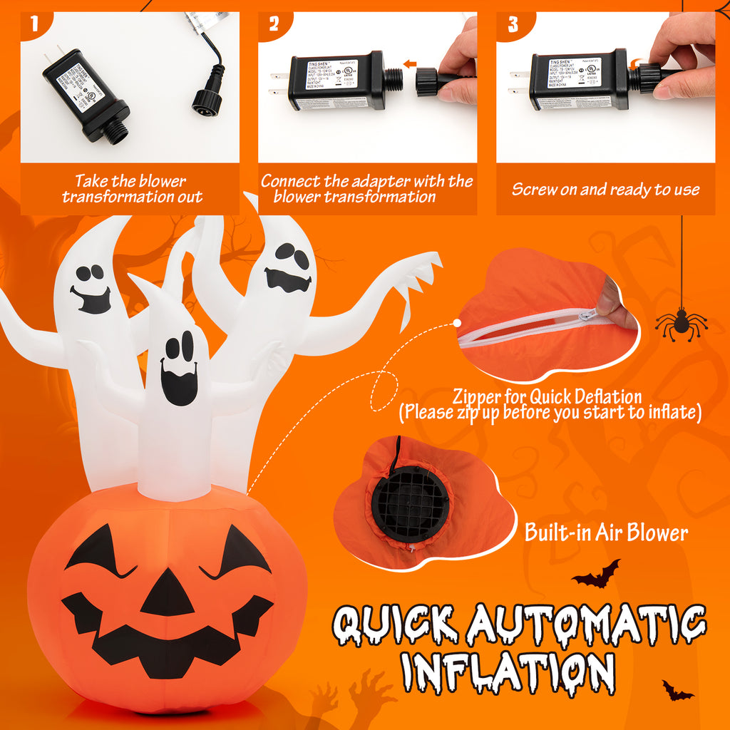 Patiojoy 6FT Halloween Inflatable Decorations 3 White Puppets on Pumpkin Halloween Pumpkin Dolls Decor w/ Build-in LED Lights