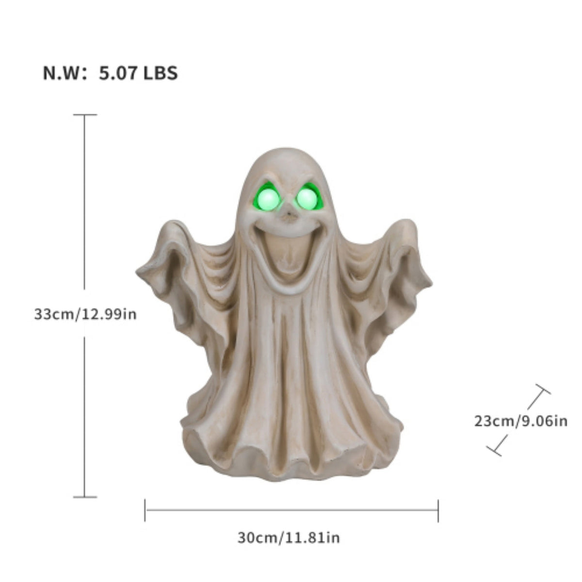 SpookHaven Halloween Ghost Resin Figurine, Light‑Up Ghost Statue with LED Glowing Green Eyes for Spooky Tabletop & Haunted House Party Decor