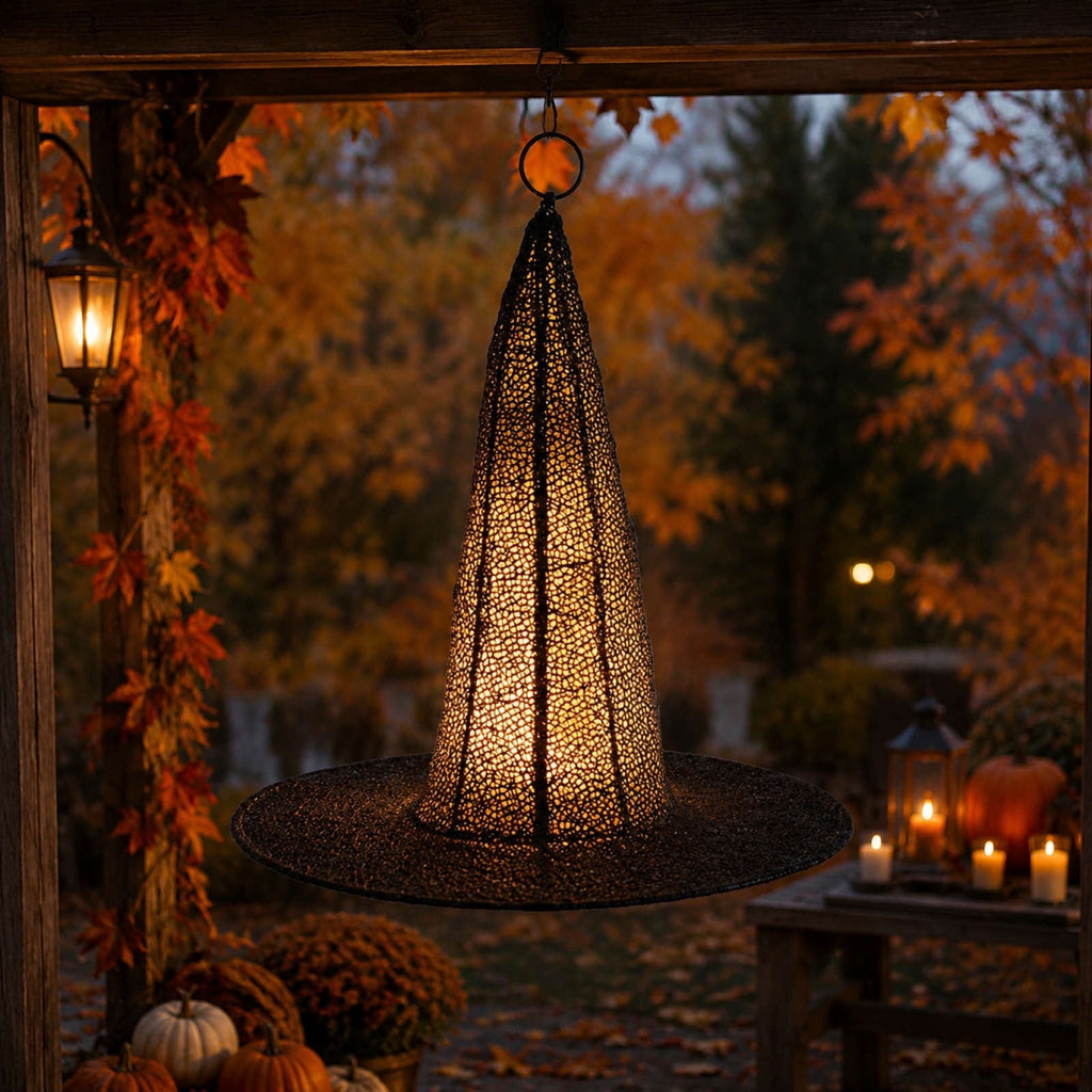 Battery Operated Witch Hat Light Hanging Decoration - Black Witch Hats with Lights DIY Floating Witch Hats with Creepy Cloth, Hanging Witch Hats Decorations for Halloween Porch Tree Party Decorations