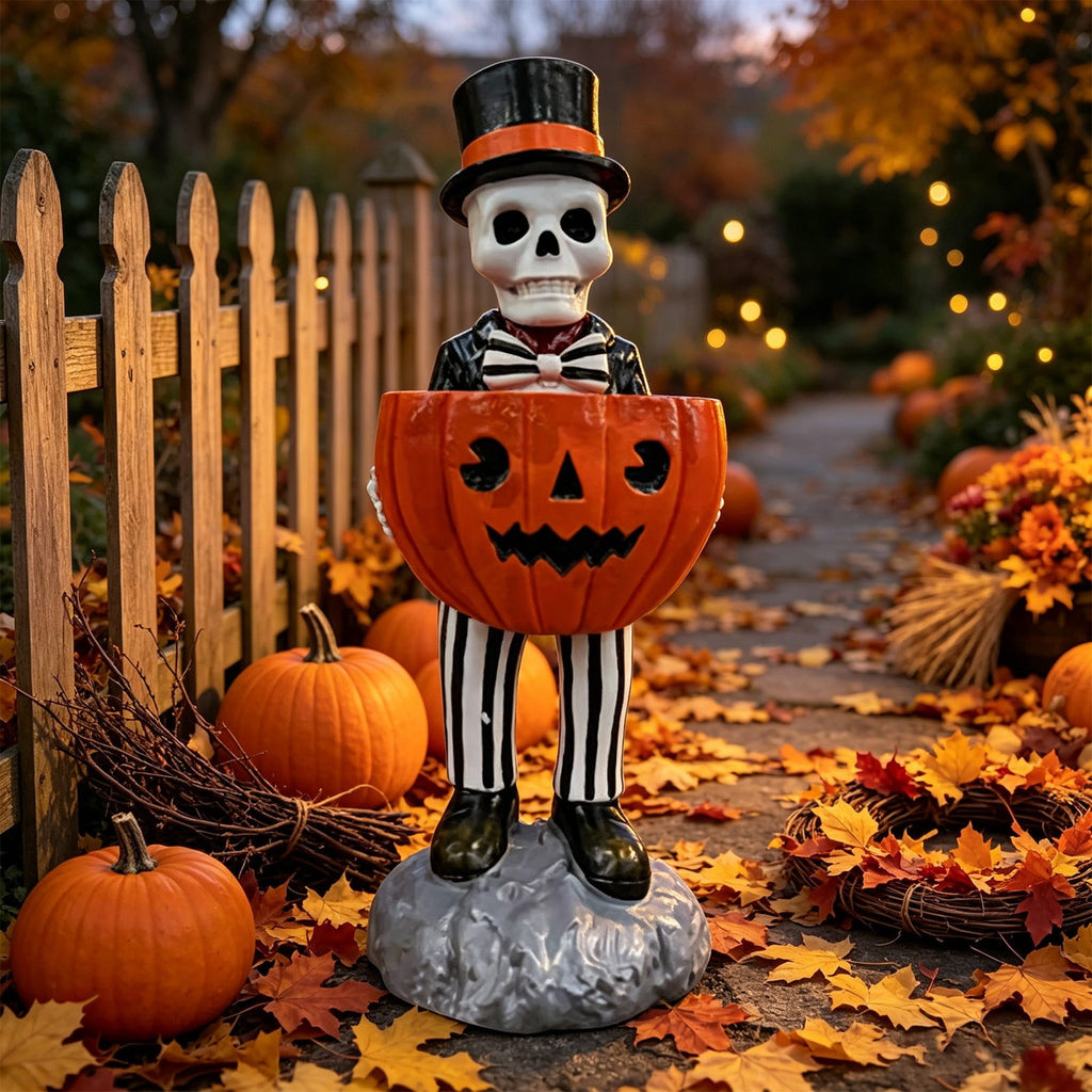 Halloween Decorations Skeleton Candy Bowl Statue Spooky Skull Top Hat Figurine Resin for Front Door Porch Mantel Entryway Table Home Party Decor