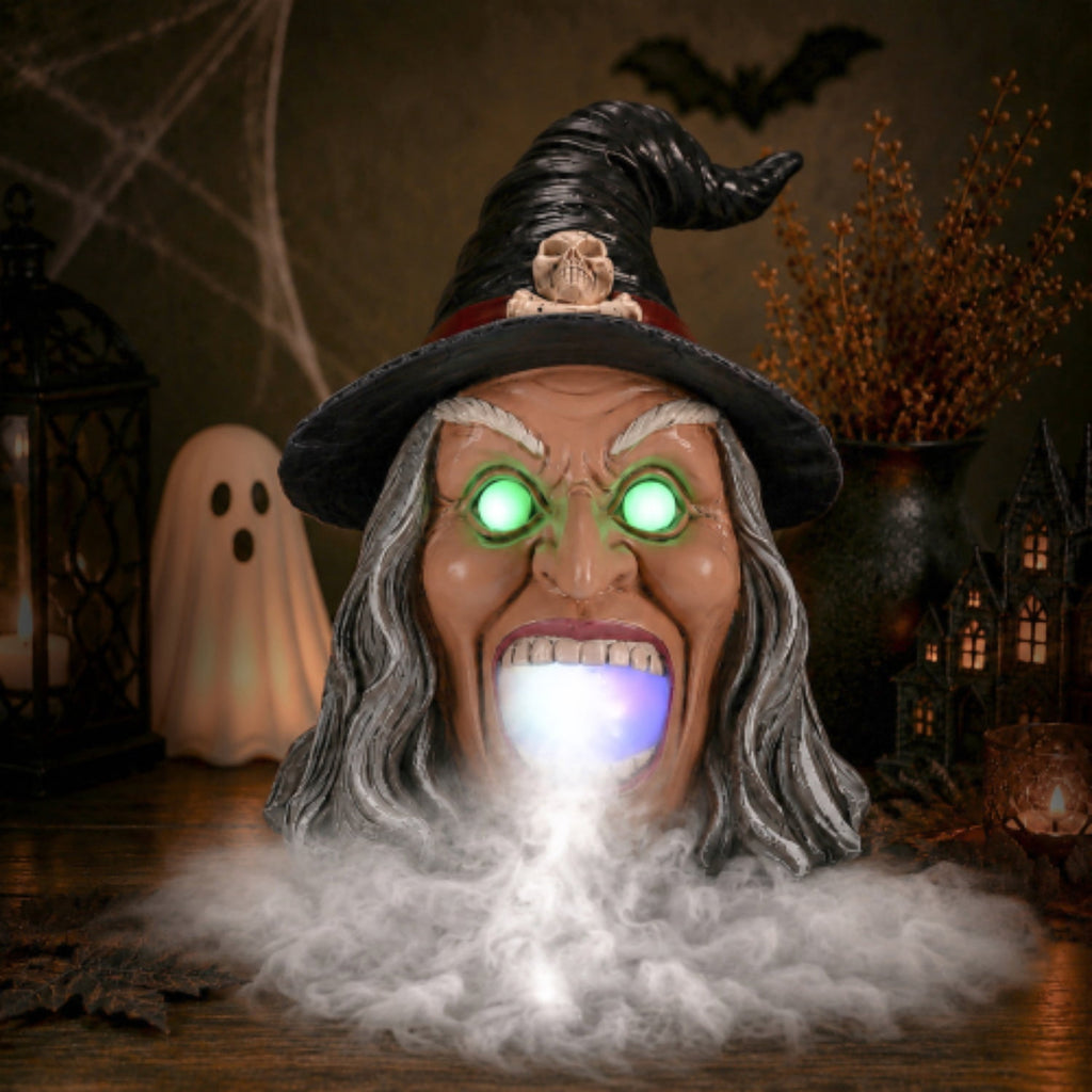 SpookHaven Halloween Jack‑O‑Lantern Pumpkin Mist Sprayer Figurine, LED Light‑Up Fogger with Witch Hat & Skull Decoration, Spooky Ornament for Tabletop Entryway Halloween Party Home Decor