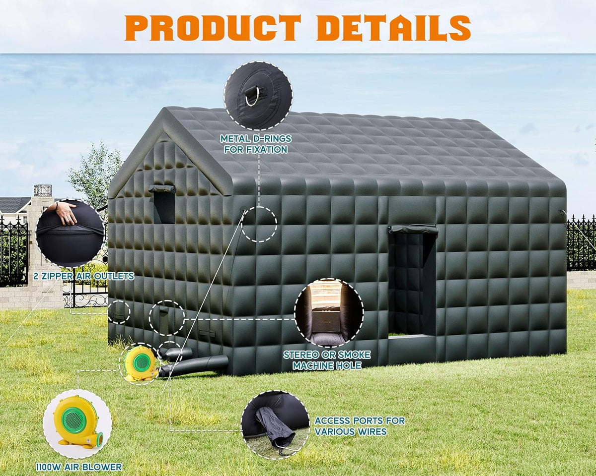 Jocisland 20x16x14 ft Large Black Inflatable Night Club Tent for Adults, Inflatable Nightclub with 2 Side Doors Gazebo Event House, Halloween Decor